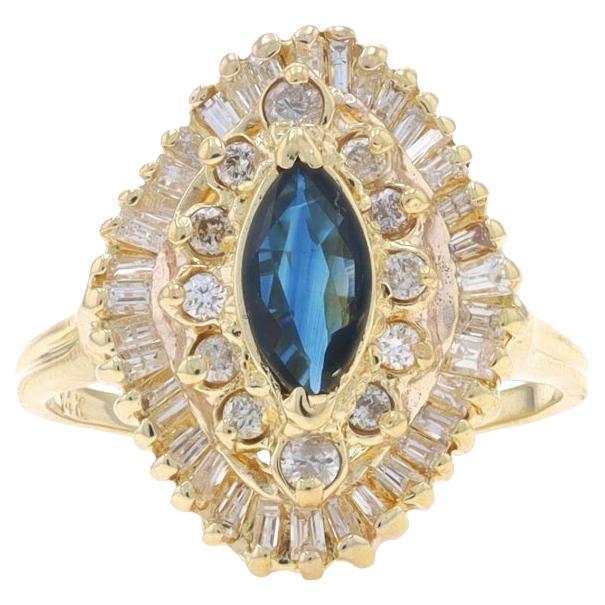 Yellow Gold Sapphire Diamond Double Halo Ring - 14k Marquise 1.35ctw For Sale