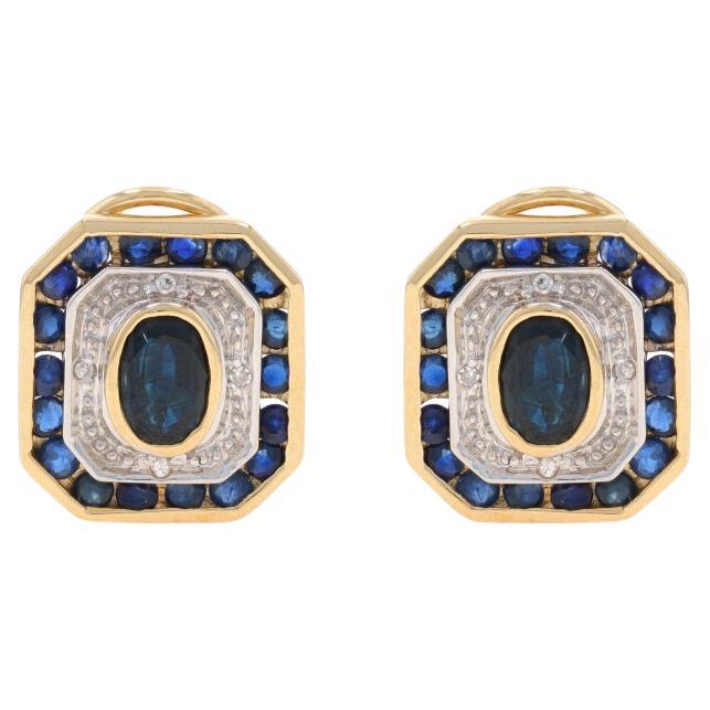 Yellow Gold Sapphire Diamond Double Halo Stud Earrings 14k Oval 1.96ctw Clip-Ons
