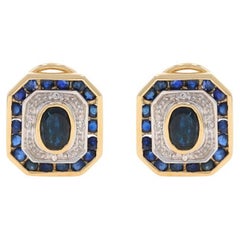 Yellow Gold Sapphire Diamond Double Halo Stud Earrings 14k Oval 1.96ctw Clip-Ons