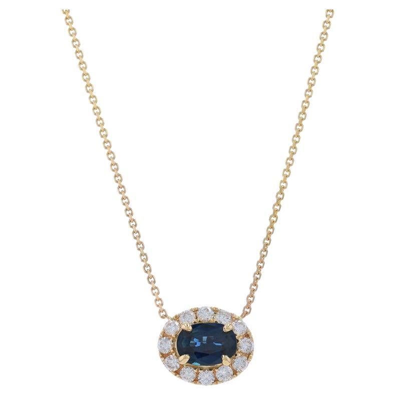 Yellow Gold Sapphire & Diamond East-West Halo Necklace - 14k Oval 1.34ctw Adjust For Sale