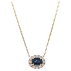 Yellow Gold Sapphire & Diamond East-West Halo Necklace - 14k Oval 1.34ctw Adjust