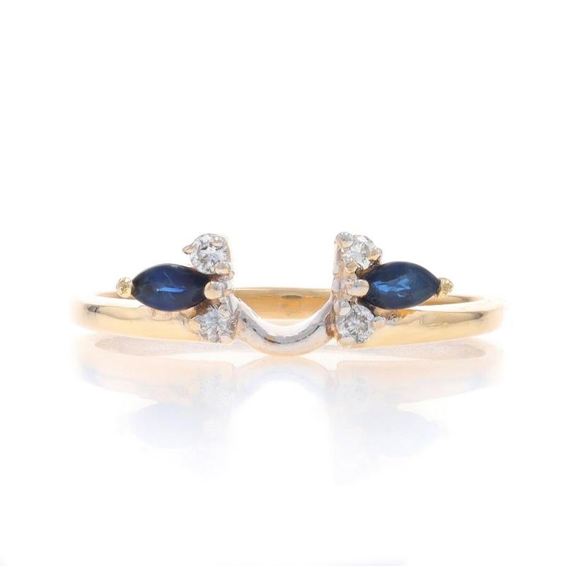 Size: 8 1/2
Sizing Fee: Up 3 sizes for $40 or Down 2 sizes for $30

Metal Content: 14k Yellow Gold & 14k White Gold

Stone Information
Natural Sapphires
Treatment: Heating
Carat(s): .26ctw
Cut: Marquise
Color: Blue

Natural Diamonds
Carat(s):