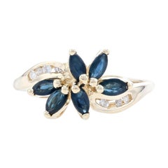 Yellow Gold Sapphire & Diamond Floral Cluster Bypass Ring - 14k Marquise .86ctw