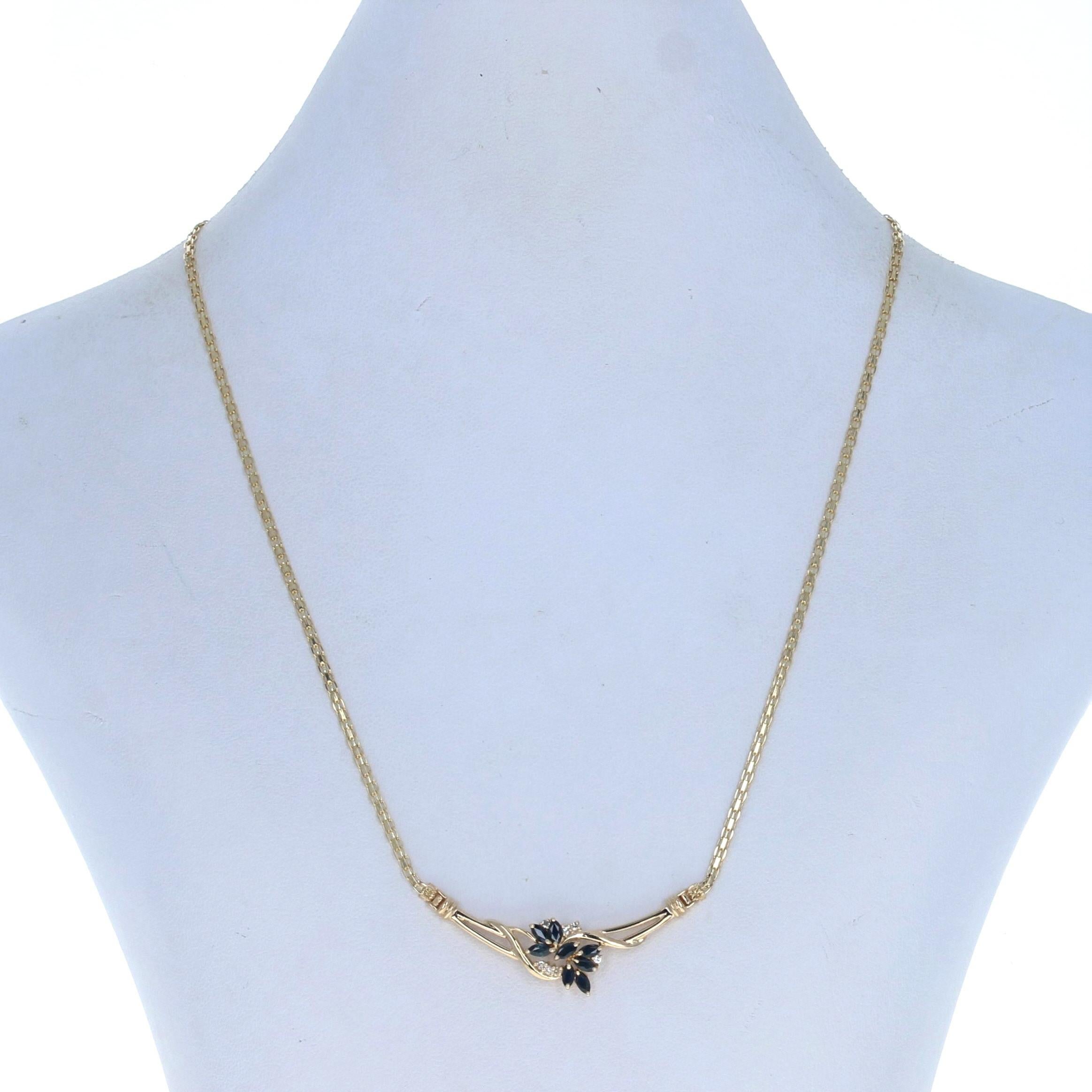 Metal Content: 14k Yellow Gold

Stone Information
Genuine Sapphires
Treatment: Heating
Carats: .80ctw
Cut: Marquise
Color: Blue

Natural Diamonds
Carats: .07ctw
Cut: Single
Color: H - I
Clarity: VS2 - SI1

Total Carats: .87ctw

Chain Style:
