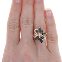 Yellow Gold Sapphire & Diamond Flower Cluster Bypass Ring, 14k Marquise 2.41ctw
