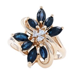 Yellow Gold Sapphire & Diamond Flower Cluster Bypass Ring, 14k Marquise 2.41ctw