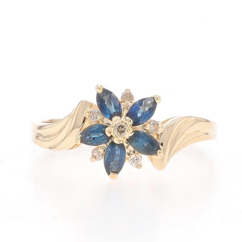 Size: 7 1/2
Sizing Fee: Up 3 sizes for $30 or Down 2 sizes for $30

Metal Content: 14k Yellow Gold

Stone Information

Natural Sapphires
Treatment: Heating
Carat(s): .65ctw
Cut: Marquise
Color: Blue

Natural Diamonds
Carat(s): .06ctw
Cut: Round
