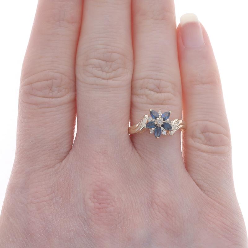 Marquise Cut Yellow Gold Sapphire Diamond Flower Cluster Bypass Ring - 14k Marquise .71ctw Bl For Sale