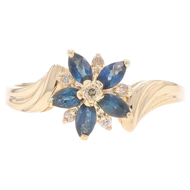 Yellow Gold Sapphire Diamond Flower Cluster Bypass Ring - 14k Marquise .71ctw Bl For Sale