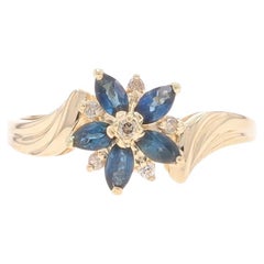 Yellow Gold Sapphire Diamond Flower Cluster Bypass Ring - 14k Marquise .71ctw Bl