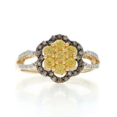 Yellow Gold Sapphire Diamond Flower Halo Ring - 10k Round 1.09ctw