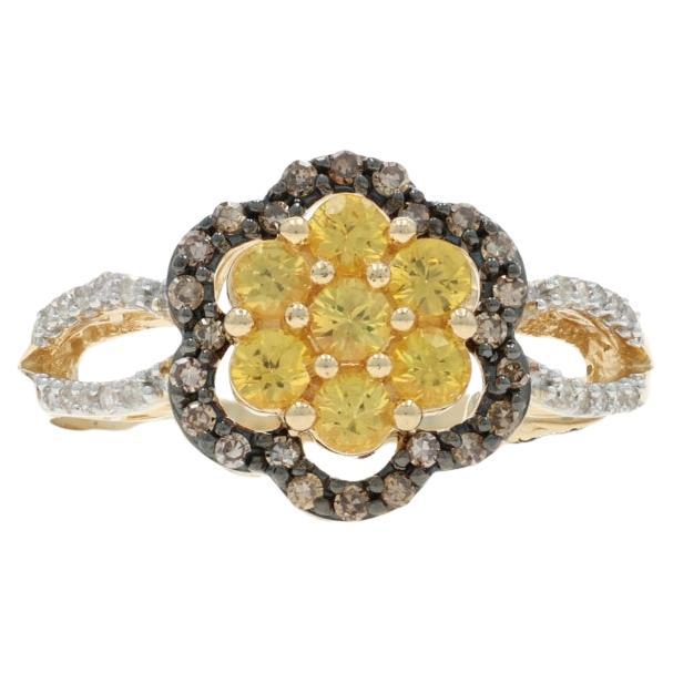 Yellow Gold Sapphire Diamond Flower Halo Ring - 10k Round 1.09ctw