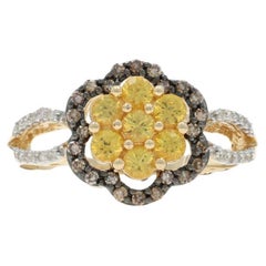 Yellow Gold Sapphire Diamond Flower Halo Ring - 10k Round 1.09ctw