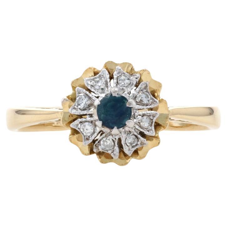 Yellow Gold Sapphire & Diamond Flower Halo Ring - 18k Round .26ctw Milgrain For Sale
