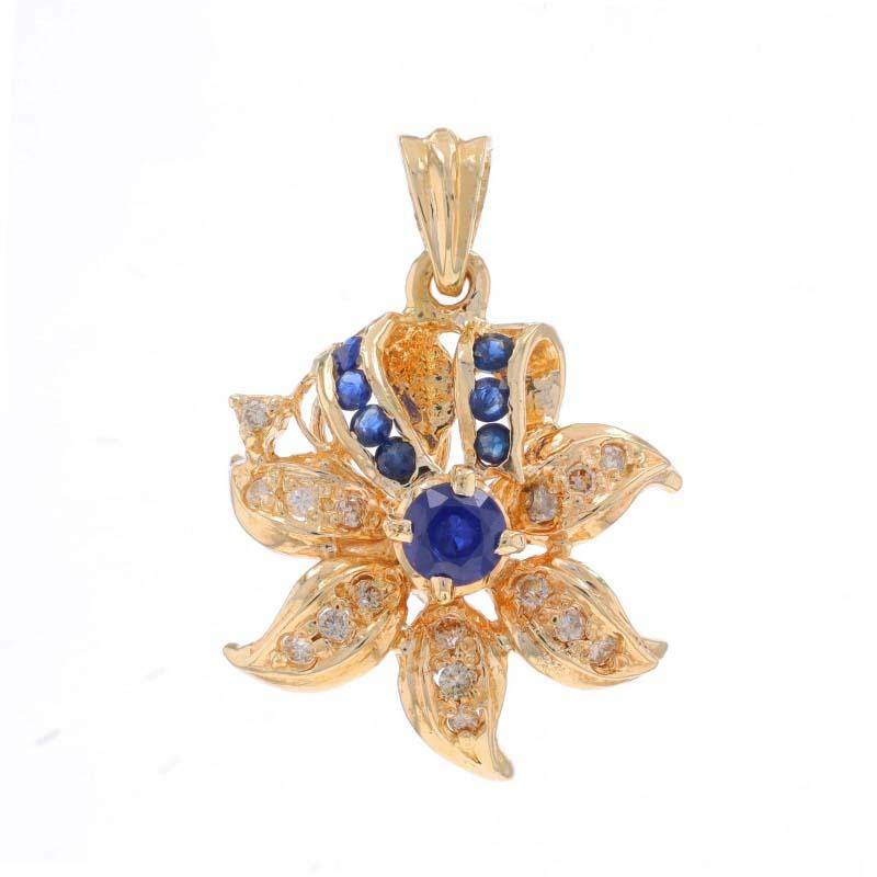 Yellow Gold Sapphire Diamond Flower Pendant - 14k Round 1.30ctw Blossom For Sale