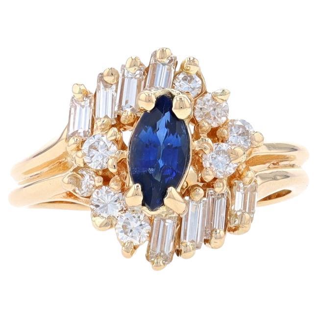 Yellow Gold Sapphire & Diamond Halo Bypass Ring - 14k Marquise 1.23ctw For Sale