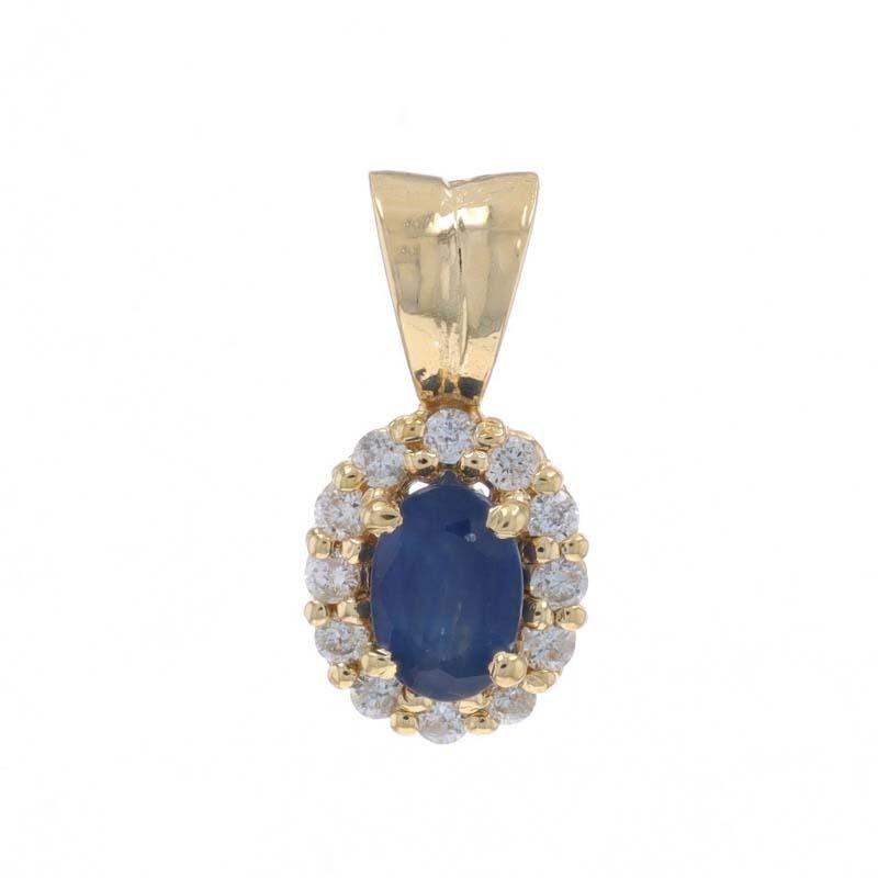 Metal Content: 14k Yellow Gold

Stone Information

Natural Sapphire
Treatment: Heating
Carat(s): .72ct
Cut: Oval
Color: Blue

Natural Diamonds
Carat(s): .18ctw
Cut: Round Brilliant
Color: G - H
Clarity: SI1 - SI2

Total Carats: .90ctw

Style: