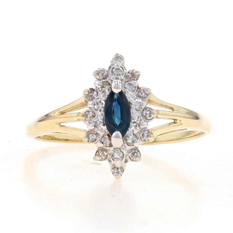 Size: 9 3/4
Sizing Fee: Up 1 size for $30 or Down 3 sizes for $30

Metal Content: 10k Yellow Gold & 10k White Gold

Stone Information
Natural Sapphire
Treatment: Heating
Carat(s): .24ct
Cut: Marquise
Color: Blue

Natural Diamonds
Carat(s):