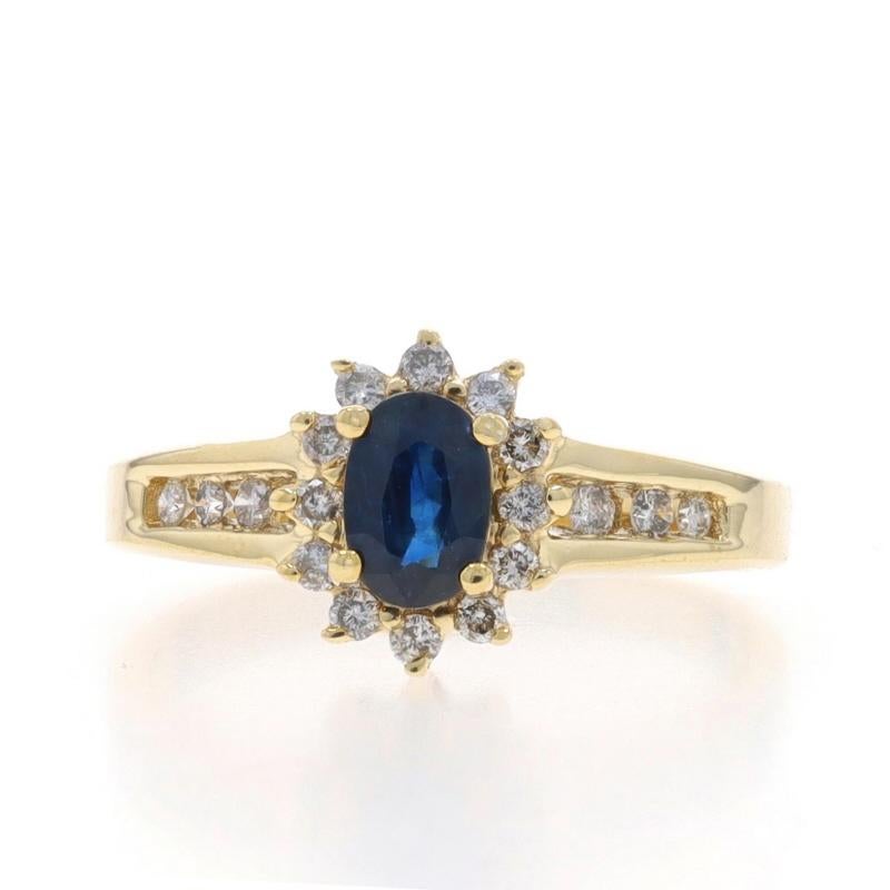 Size: 7 1/4
Sizing Fee: Up 1 size for $30 or Down 1/2 a size for $30

Metal Content: 10k Yellow Gold

Stone Information

Natural Sapphire
Treatment: Heating
Carat(s): .60ct
Cut: Oval
Color: Blue

Natural Diamonds
Carat(s): .18ctw
Cut: Round