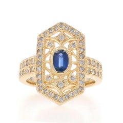 Yellow Gold Sapphire Diamond Halo Ring - 14k Oval 1.14ctw Milgrain