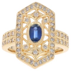 Yellow Gold Sapphire Diamond Halo Ring - 14k Oval 1.14ctw Milgrain