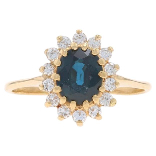 Yellow Gold Sapphire Diamond Halo Ring - 14k Oval 2.42ctw For Sale