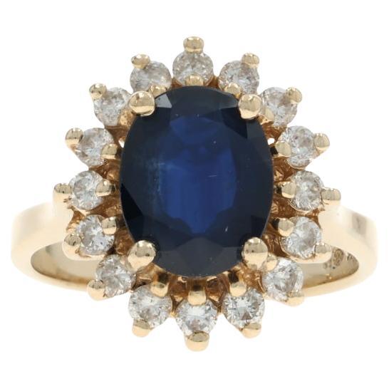 Yellow Gold Sapphire Diamond Halo Ring - 14k Oval 2.90ctw Floral