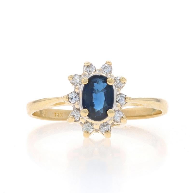 Size: 7 1/2
Sizing Fee: Up 3 sizes for $30 or Down 2 1/2 sizes for $30

Metal Content: 14k Yellow Gold & 14k White Gold

Stone Information

Natural Sapphire
Treatment: Heating
Carat(s): .70ct
Cut: Oval
Color: Blue

Natural Diamonds
Carat(s):