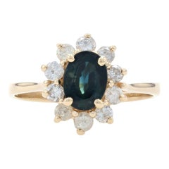 Yellow Gold Sapphire 
Diamond Halo Ring, 14k Oval Cut 1.65ctw Floral