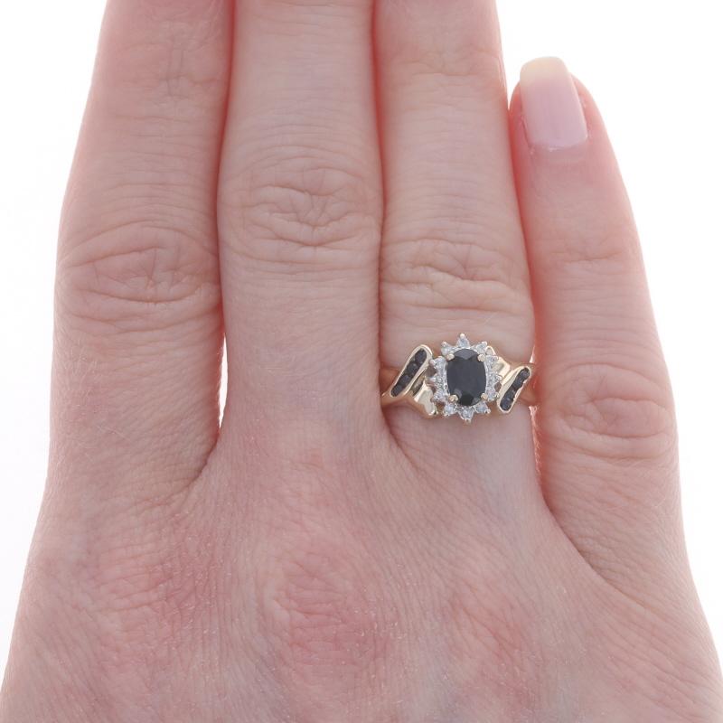 Round Cut Yellow Gold Sapphire & Diamond Halo Ring - 14k Oval & Round .70ctw For Sale