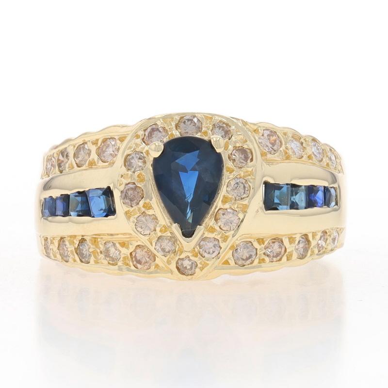 Size: 6
Sizing Fee: Up 1 size for $40 or Down 1 size for $30

Metal Content: 14k Yellow Gold

Stone Information

Natural Sapphires
Treatment: Heating
Carat(s): .85ctw
Cut: Pear & Square
Color: Blue

Natural Diamonds
Carat(s): .46ctw
Cut: Round