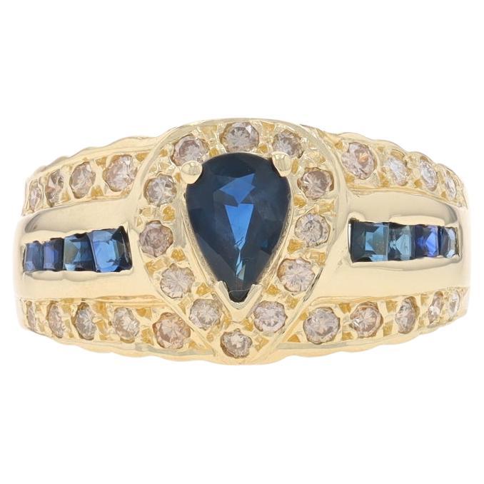 Yellow Gold Sapphire & Diamond Halo Ring - 14k Pear & Square 1.31ctw For Sale