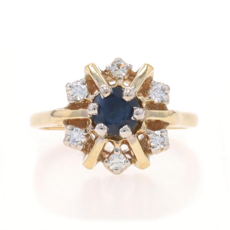 Size: 5 1/2
Sizing Fee: Up 2 1/2 sizes for $35 or Down 1 size for $35

Metal Content: 14k Yellow Gold & 14k White Gold

Stone Information

Natural Sapphire
Treatment: Heating
Carat(s): .65ct
Cut: Round
Color: Blue

Natural Diamonds
Carat(s):