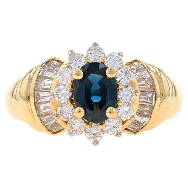 Yellow Gold Sapphire & Diamond Halo Ring - 18k Oval 2.14ctw Floral For Sale
