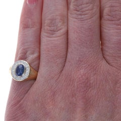 Yellow Gold Sapphire Diamond Halo Ring - 18k Oval Cabochon 1.26ctw