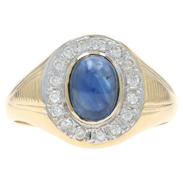 Yellow Gold Sapphire Diamond Halo Ring - 18k Oval Cabochon 1.26ctw en venta