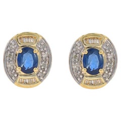 Yellow Gold Sapphire & Diamond Halo Stud Earrings - 10k Oval 1.10ctw Pierced