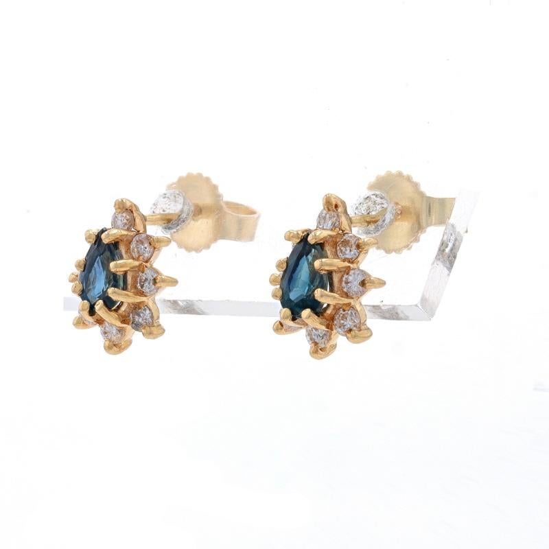 Pear Cut Yellow Gold Sapphire & Diamond Halo Stud Earrings - 14k Pear .92ctw Pierced For Sale