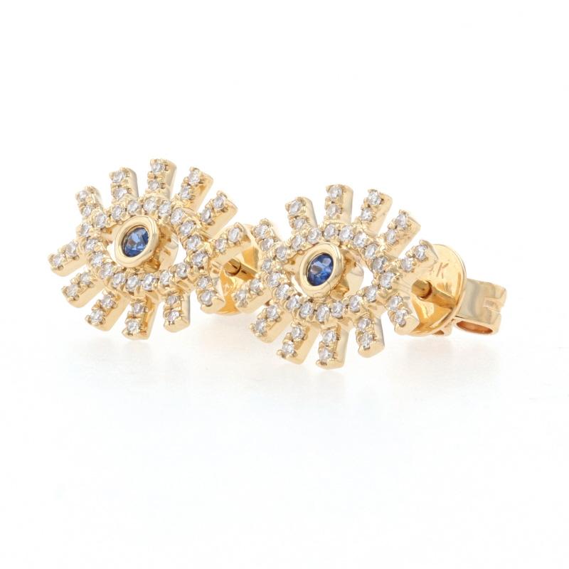 Metal Content: 14k Yellow Gold

Stone Information
Genuine Sapphires
Treatment: Heating
Carats: .05ctw
Cut: Round
Color: Blue

Natural Diamonds
Carats: .23ctw
Cut: Single
Color: F - G
Clarity: VS1 - VS2

Total Carats: .28ctw

Style: Halo Stud