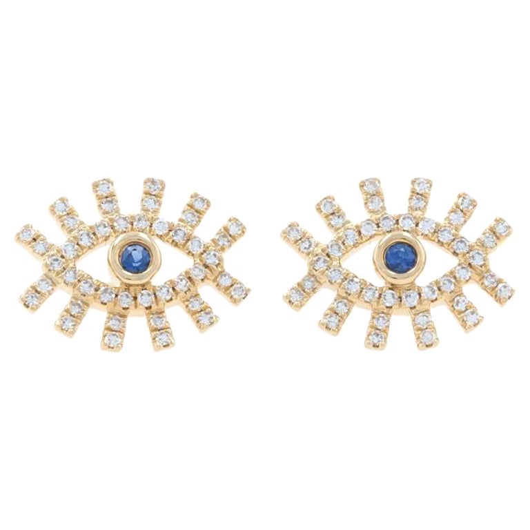 Pendientes de oro amarillo con halo de zafiros y diamantes 14k Rnd .28ctw Ojos que todo lo ven