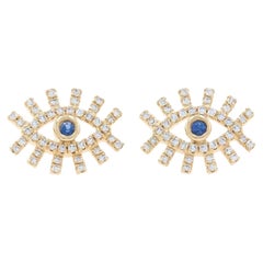 Pendientes de oro amarillo con halo de zafiros y diamantes 14k Rnd .28ctw Ojos que todo lo ven