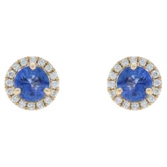 Yellow Gold Sapphire Diamond Halo Stud Earrings - 14k Round 1.20ctw Pierced