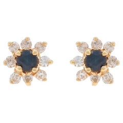 Pendientes de Oro Amarillo Zafiro Diamante Halo -14k Redondo .36ctw Floral Pierced