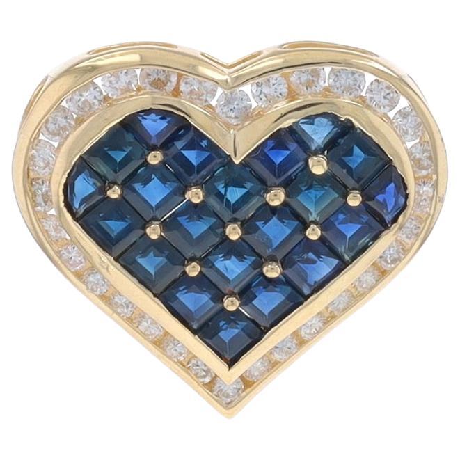 Yellow Gold Sapphire Diamond Heart Cluster Halo Pendant 14k Square & Pie 2.80ctw For Sale