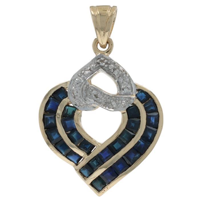 Yellow Gold Sapphire Diamond Heart Pendant - 14k Square 3.68ctw Love Ribbon