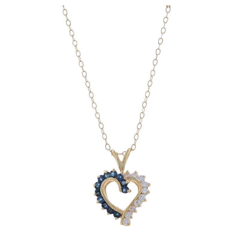 Yellow Gold Sapphire & Diamond Heart Pendant Necklace 15 3/4" - 14k Rnd .85ctw For Sale