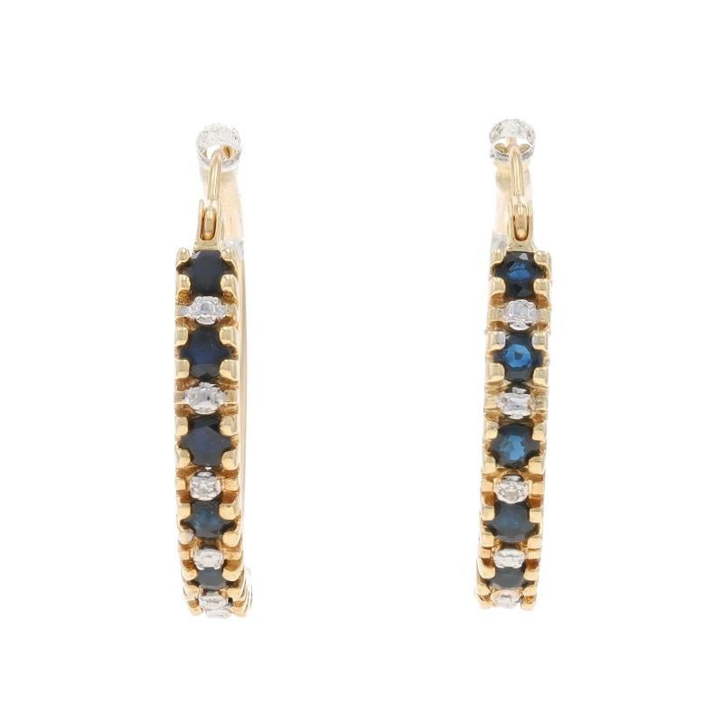 Metal Content: 10k Yellow Gold

Stone Information

Natural Sapphires
Treatment: Heating
Carat(s): 1.68ctw
Cut: Round

Natural Diamonds
Carat(s): (2) small
Cut: Single

Total Carats: 3.68ctw

Style: Hoop
Fastening Type: Snap