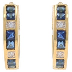 Yellow Gold Sapphire & Diamond Huggie Hoop Earrings - 18k Square .38ctw Pierced