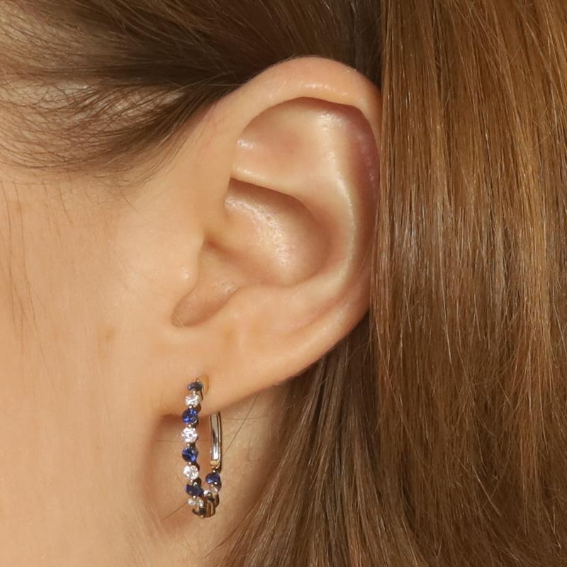 Round Cut Yellow Gold Sapphire & Diamond Inside-Out Hoop Earrings -14k Rnd 1.25ctw Pierced For Sale