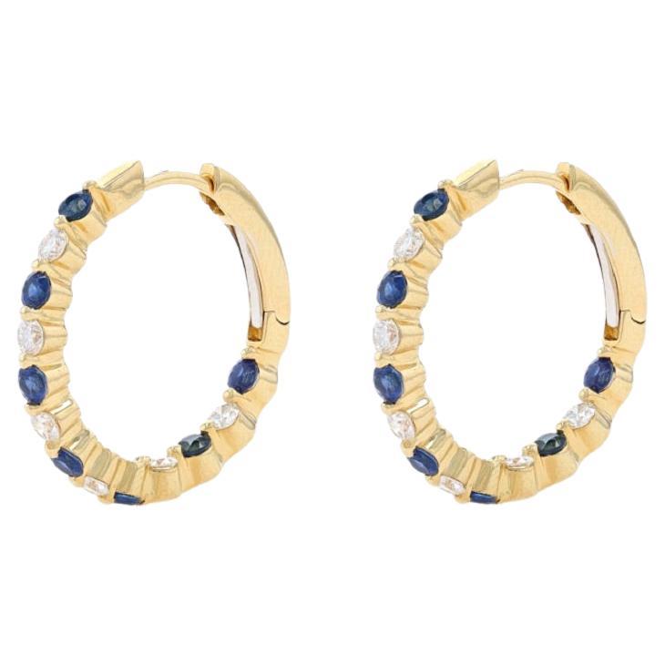 Yellow Gold Sapphire & Diamond Inside-Out Hoop Earrings -14k Rnd 1.25ctw Pierced